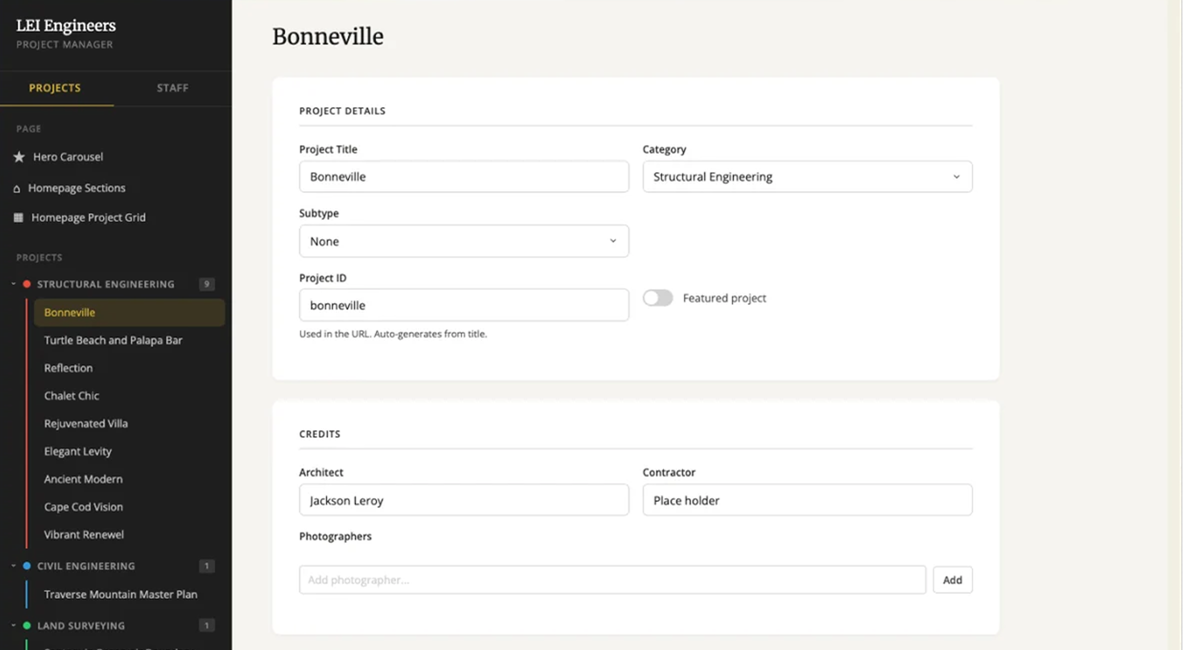 Custom content management system project editor