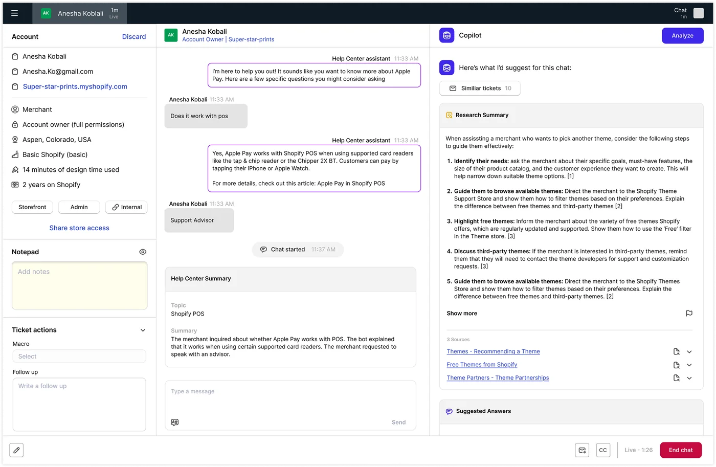 Agent assistance interface with research summary, suggested answers, and sources