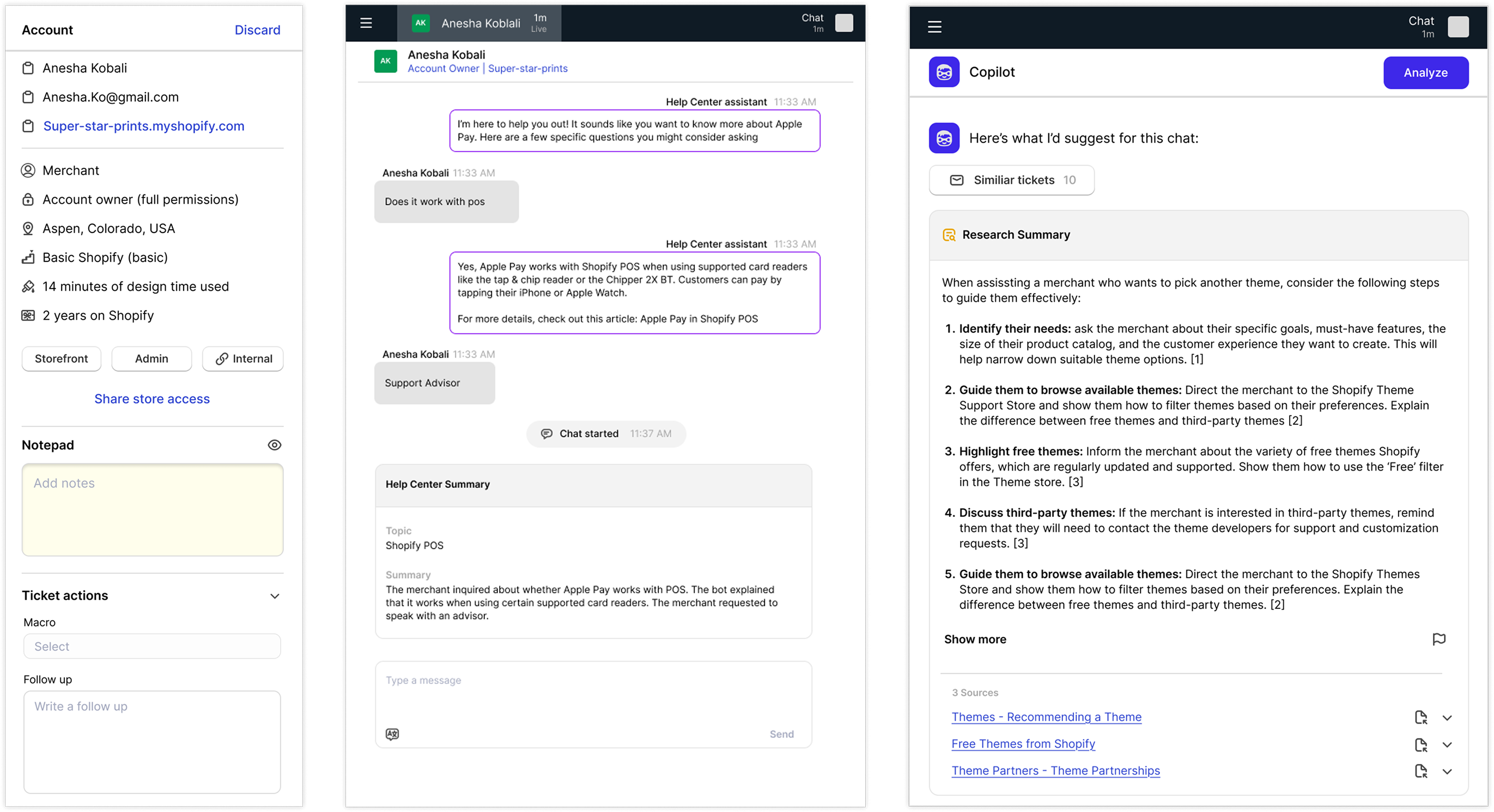 The three rebuilt pieces: merchant account panel, help center summary carried into the chat, and Copilot with research and suggestions