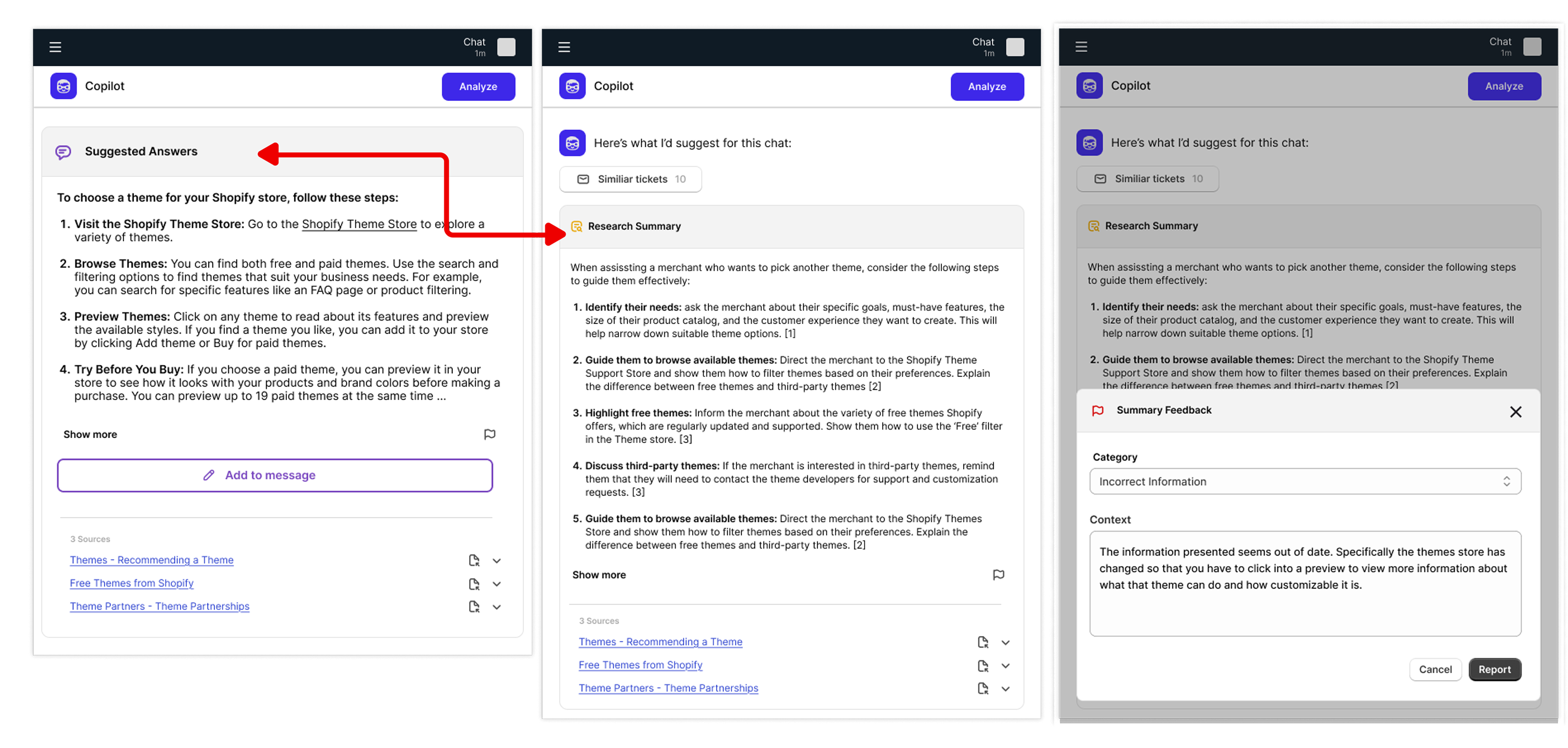 Copilot showing suggested answers with sources, a research summary an agent can verify, and the feedback dialog agents use to flag out-of-date information