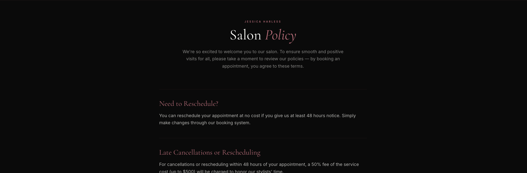 Salon policy page in the brand system