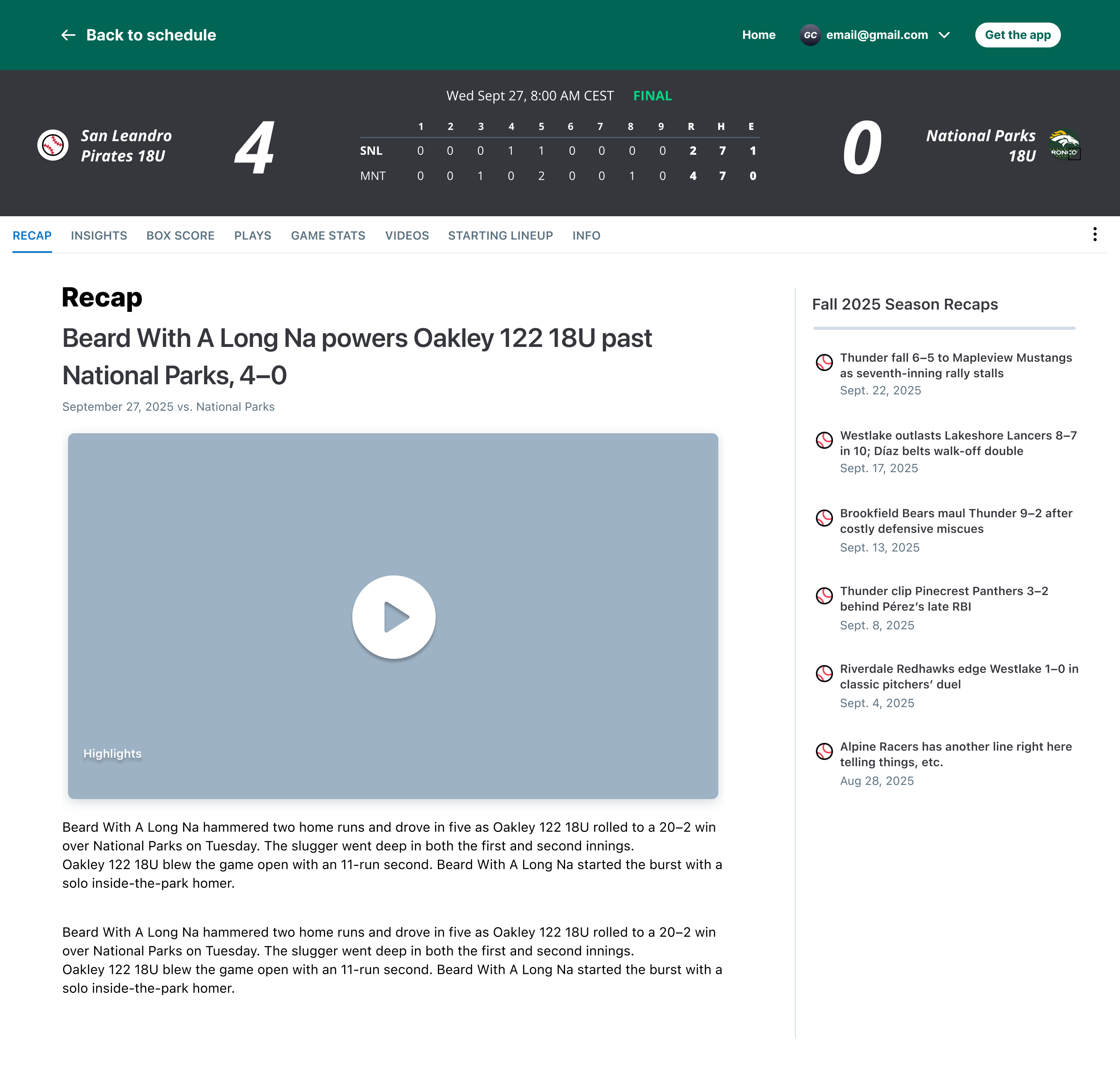 Public game recap with headline, highlights from the streamed game, and article-style breakdown