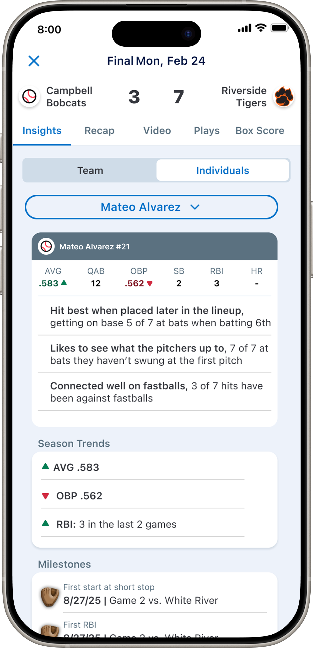 GameChanger player insights on mobile