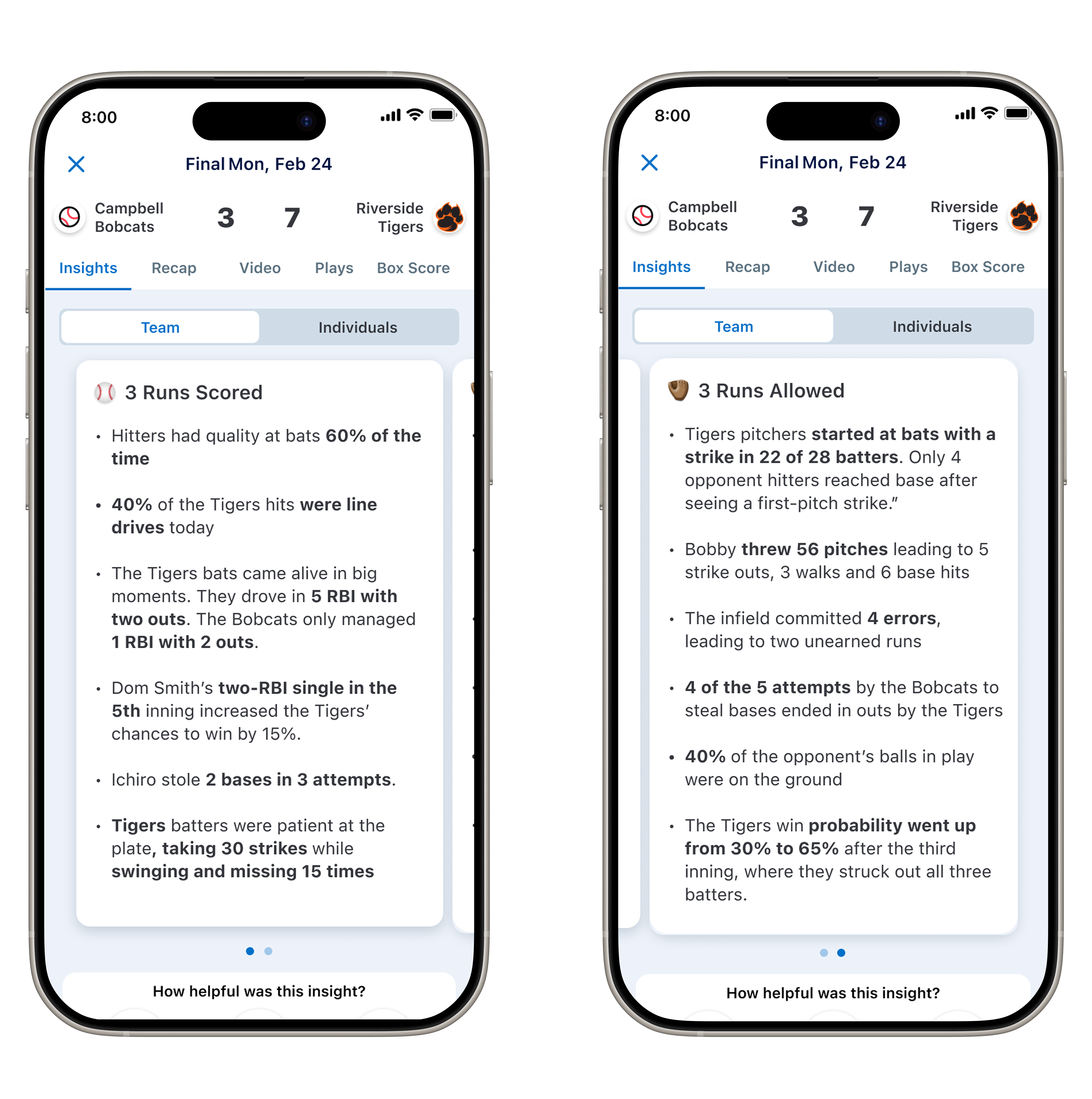 Team insights on mobile: offense and defense summaries side by side