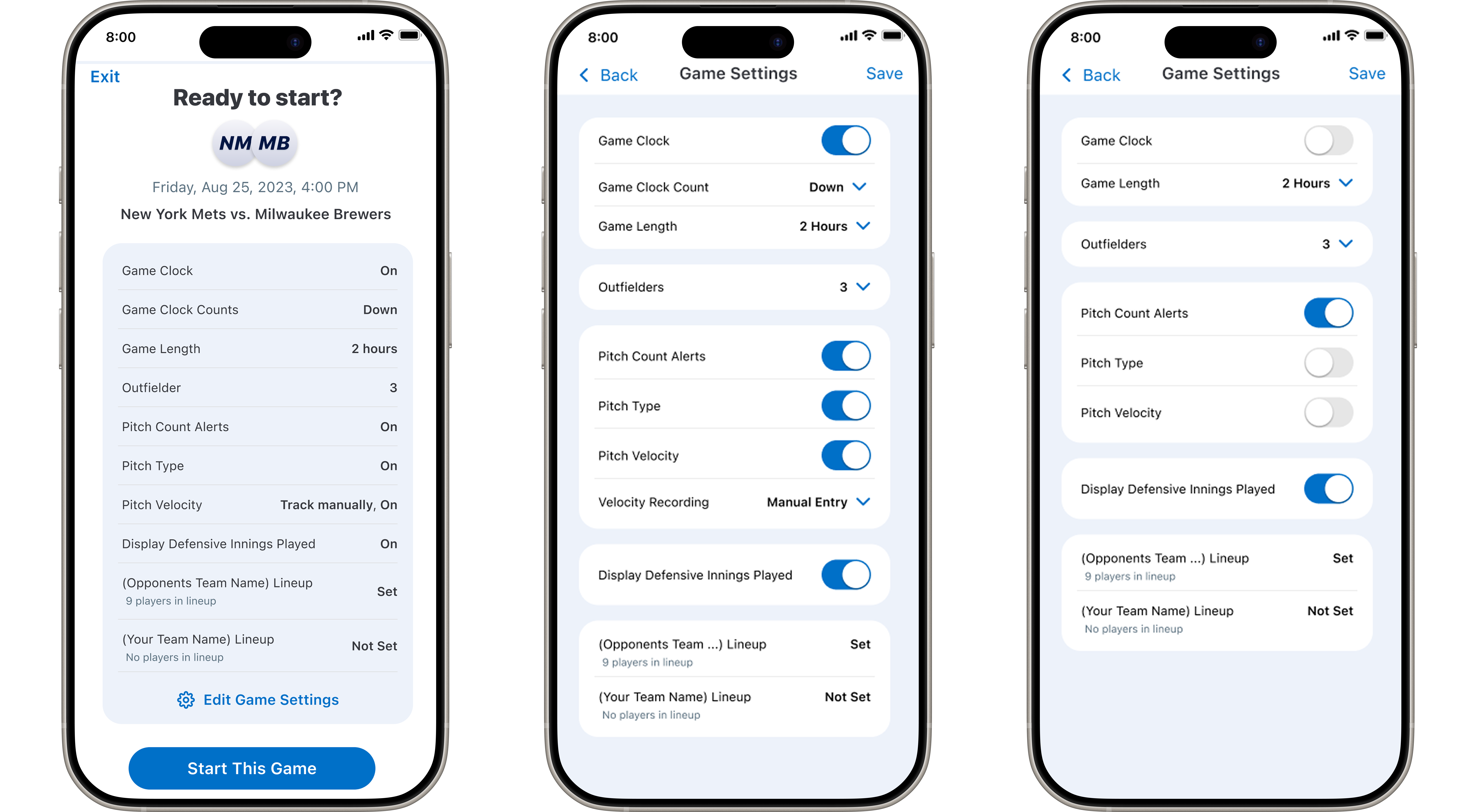 Pre-game settings: the Ready to start confirmation, full game settings, and a dialed-down configuration