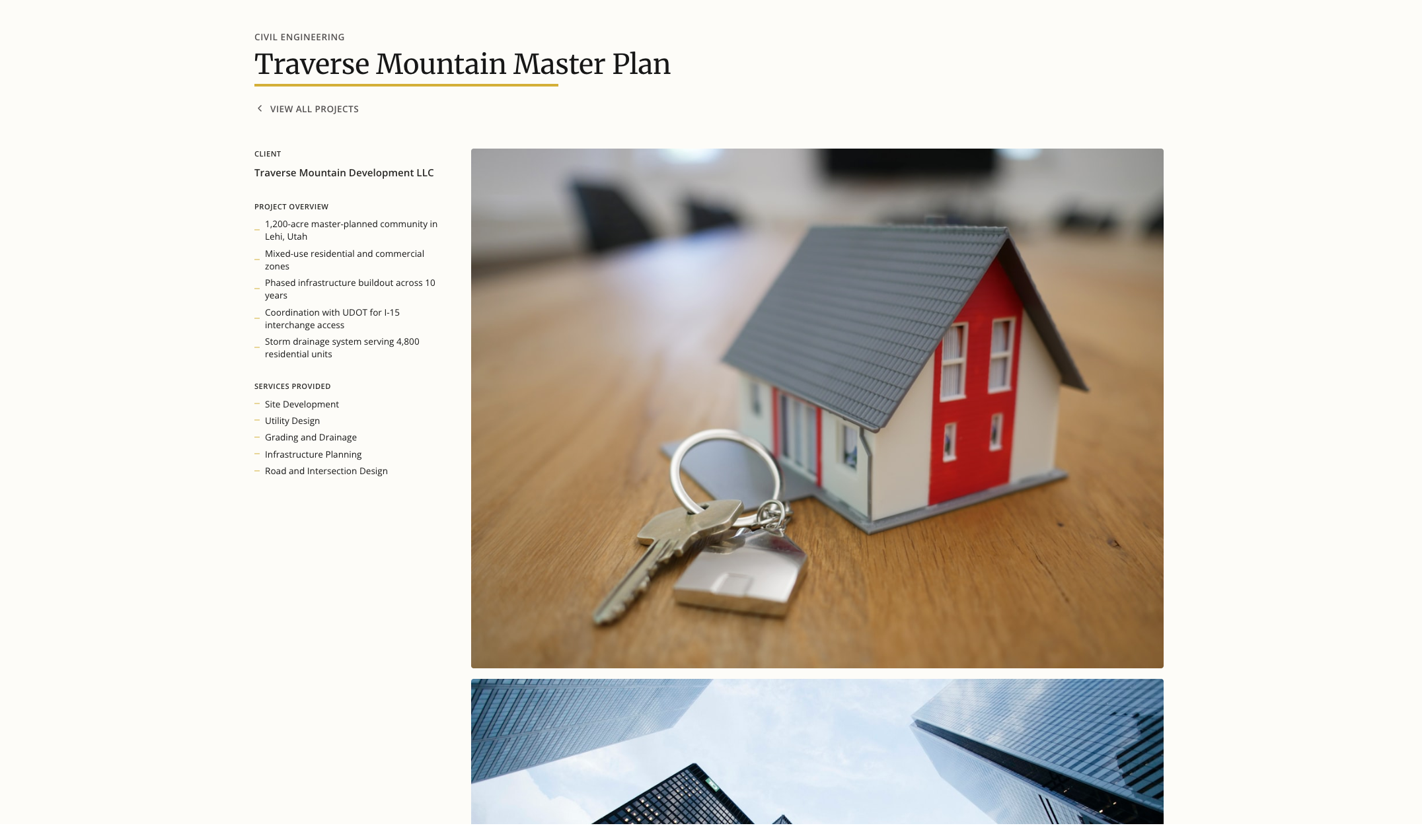 Project detail page with client, overview, and services provided