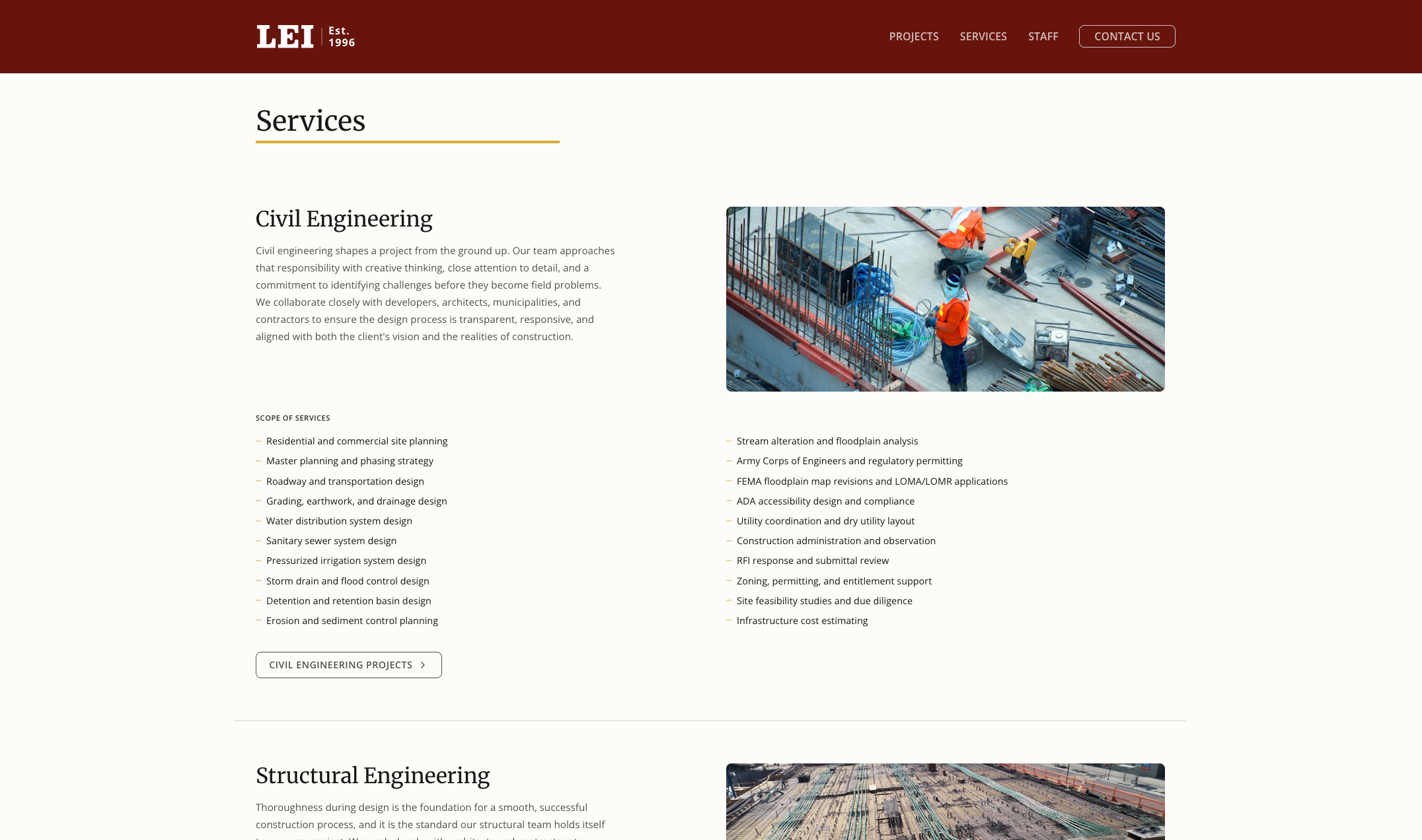 Services page with full scope of services per discipline