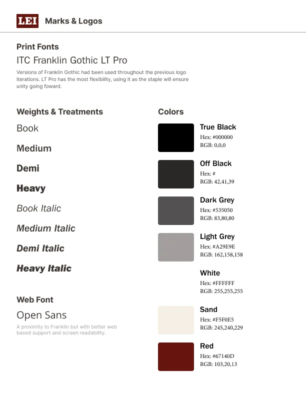Typography and color specimens from the brand guide