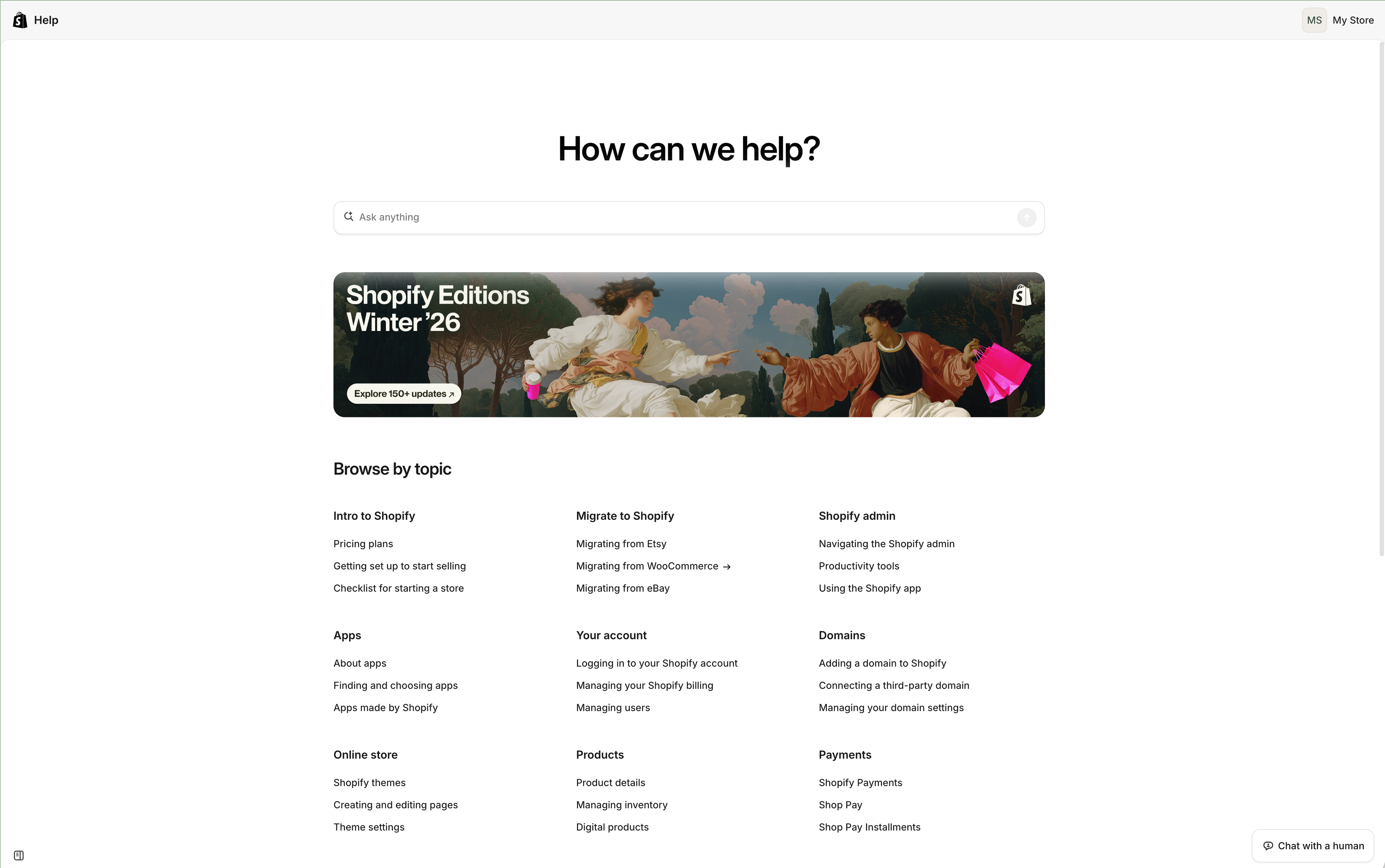 Shopify Help Center homepage with AI search
