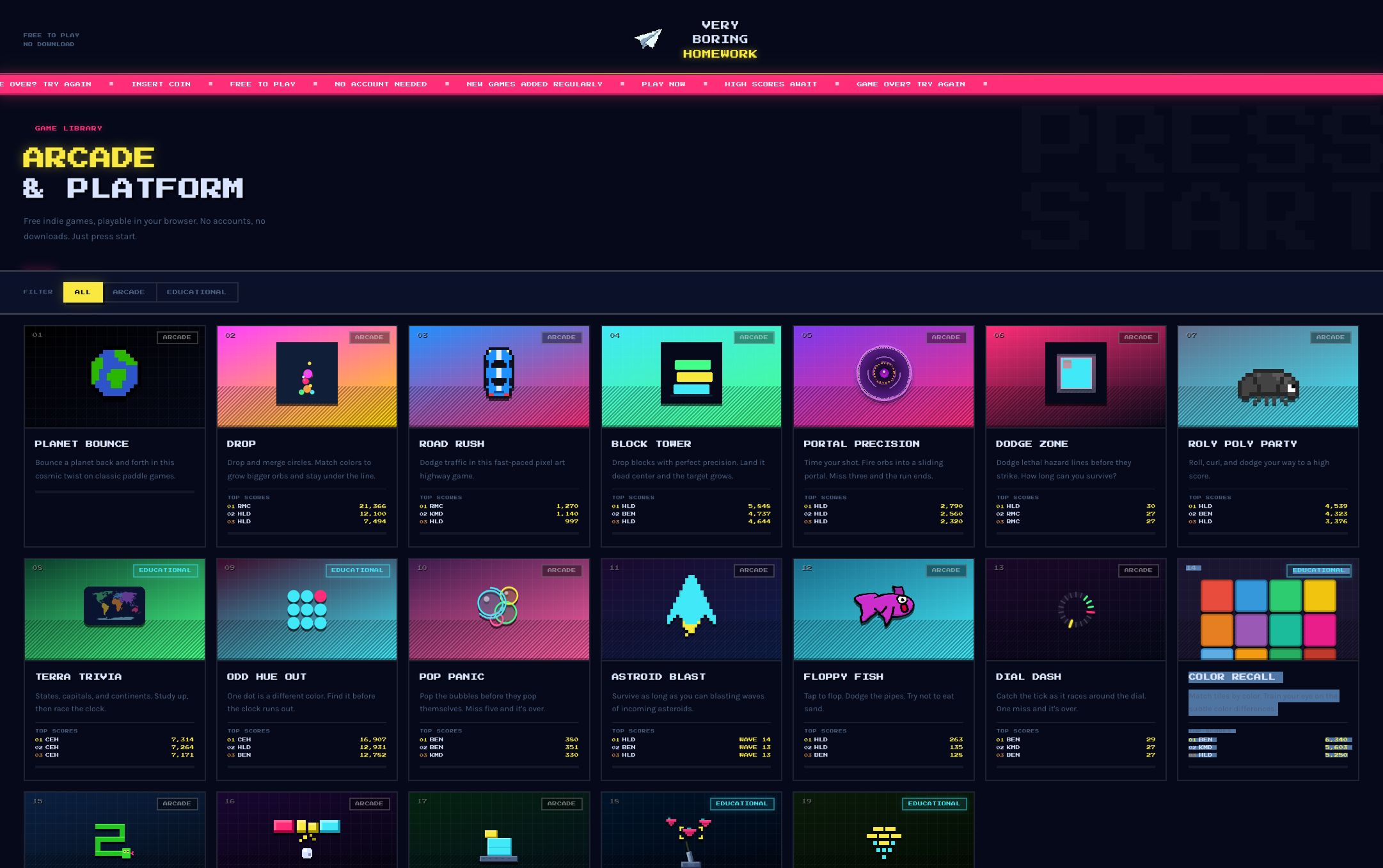 Very Boring Homework arcade landing page with the full game library
